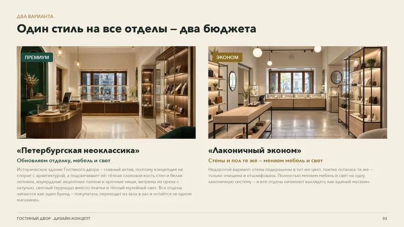 Slide: one style for all departments, two budgets