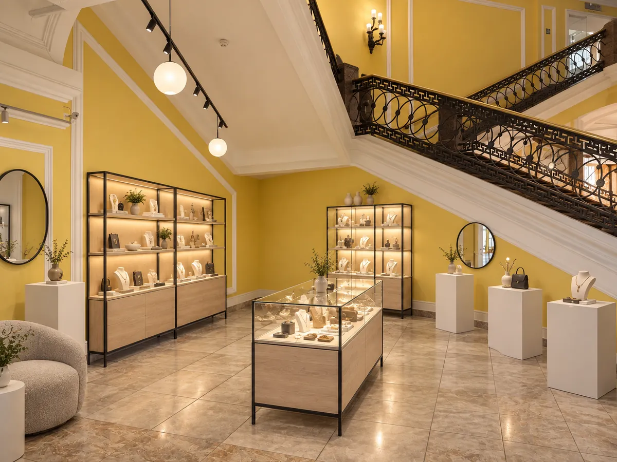 Staircase hall — after, budget: same yellow walls and tiles, new furniture
