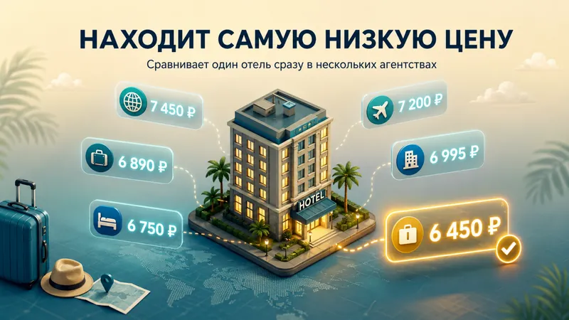 Слайд «Находит самую низкую цену» — сравнение отеля в нескольких агентствах