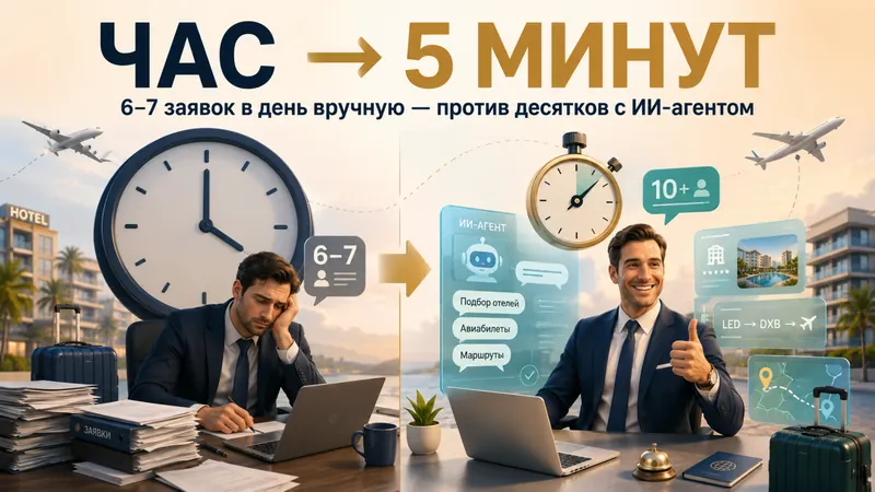 Слайд «Час → 5 минут» — заявка вручную против ИИ-агента