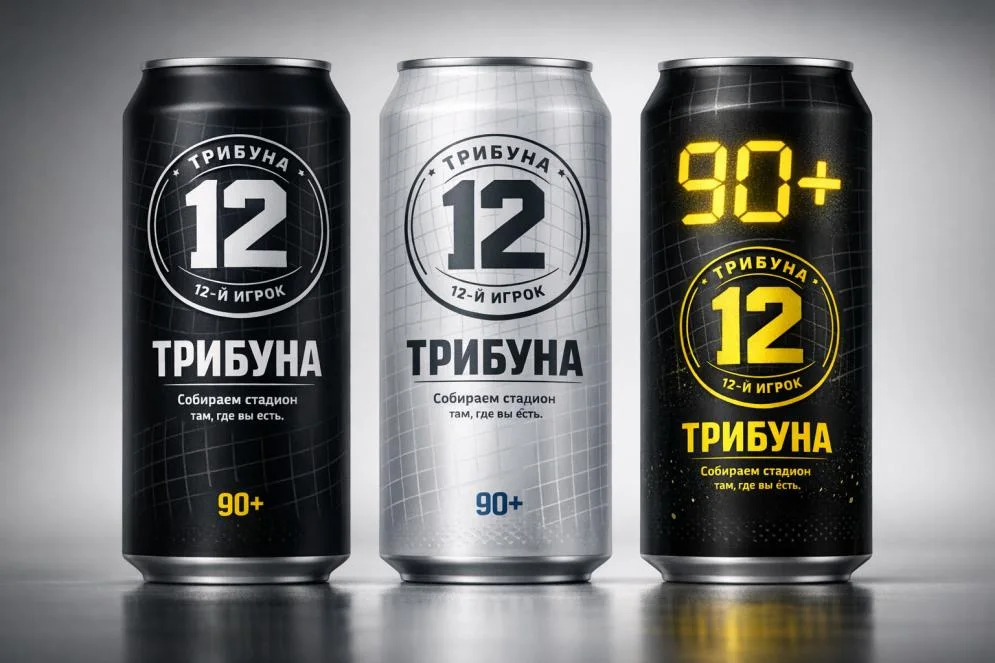 Банки пива «Трибуна»: символ 12, табло 90+, слоган «Собираем стадион там, где вы есть»