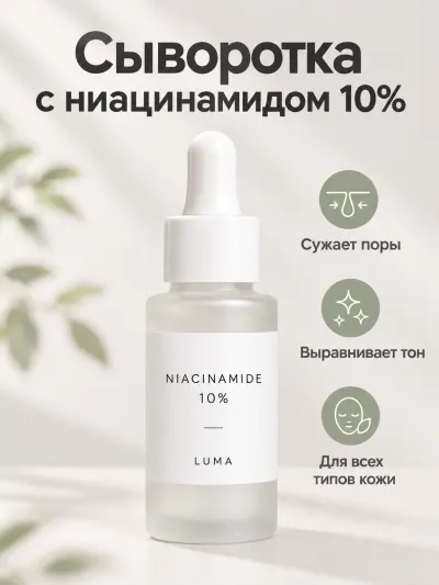 Карточка-обложка: «Сыворотка с ниацинамидом 10%» и три выгоды с иконками