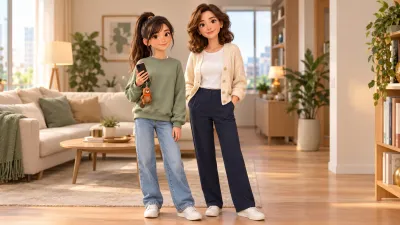 Character sheet for ages 12–14: Liza with her phone and her mum in the living room