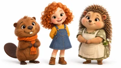 Character sheet for ages 3–5: Bonya the beaver cub, Mila and the hedgehog shopkeeper
