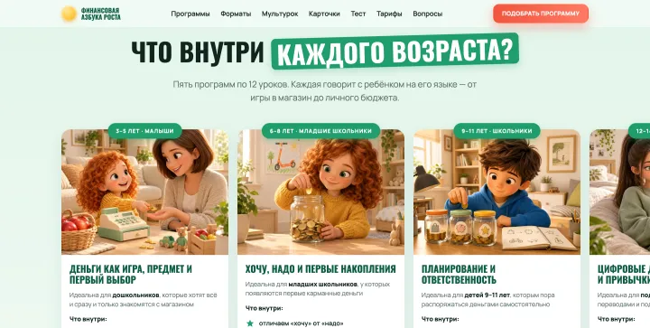 Site block “What's inside each age?”: programme cards for ages 3–5, 6–8 and 9–11 with illustrations