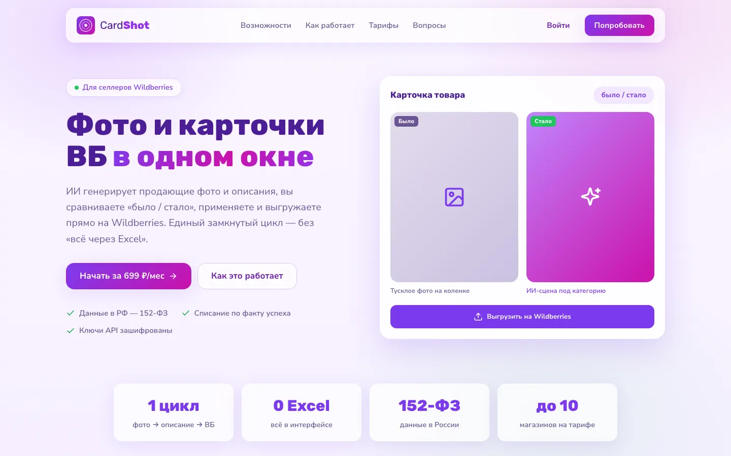 Скриншот cardshot.ru — ИИ-фото и карточки Wildberries