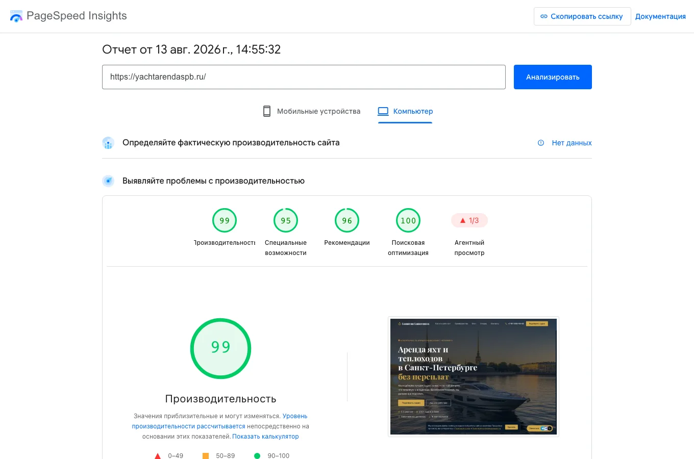 PageSpeed Insights для yachtarendaspb.ru: производительность 99, SEO 100 (десктоп)