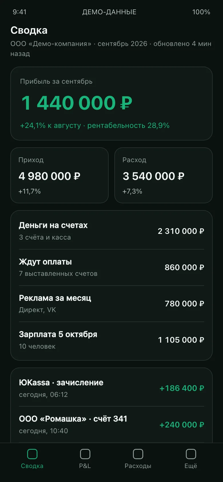 Экран приложения: прибыль за месяц, приход и расход, деньги на счетах, ближайшая зарплата, последние операции